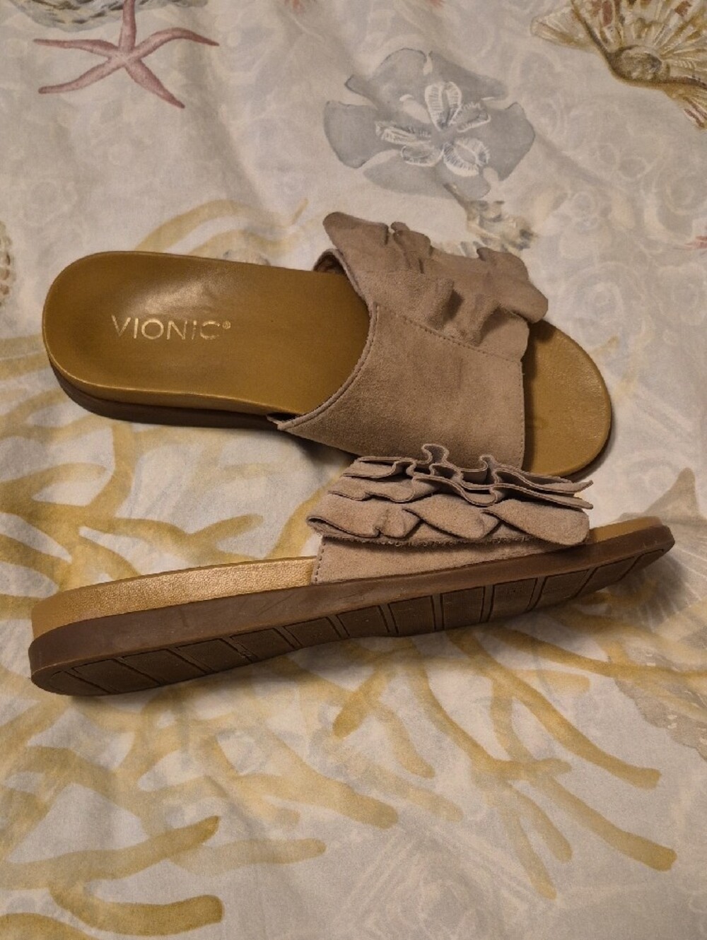 Vionic Beige/Taupe Suede Ruffle Slide Sandals - Picture 3 of 4